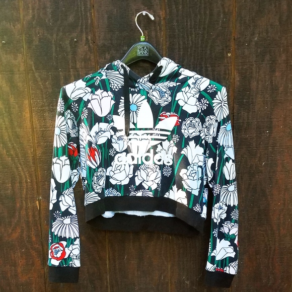 Adidas~Cropped Floral Hoodie~Black & White~Size M - Picture 3 of 5